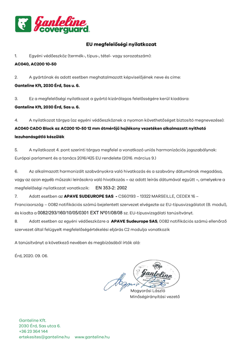 Opritor de cădere pe coardă COVERGUARD CADO AC200-40