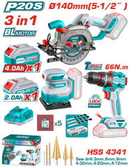 TOTAL - KIT COMBO 20V - FIERASTRAU CIRCULAR, MASINA DE GAURIT CU IMPACT, SLEFUITOR (INCLUDE 2 ACUMUL