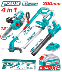 TOTAL - KIT COMBO 20V - 4.0Ah - DRUJBA, TRIMMER PENTRU GARD VIU, SUFLANTA, TRIMMER DE TUNS IARBA (IN