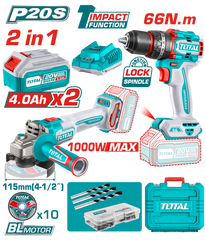 TOTAL - KIT COMBO - 20V - 4.0Ah- MASINA DE GAURIT CU IMPACT, POLIZOR UNGHIULAR (INCLUDE 2 ACUMULATOR