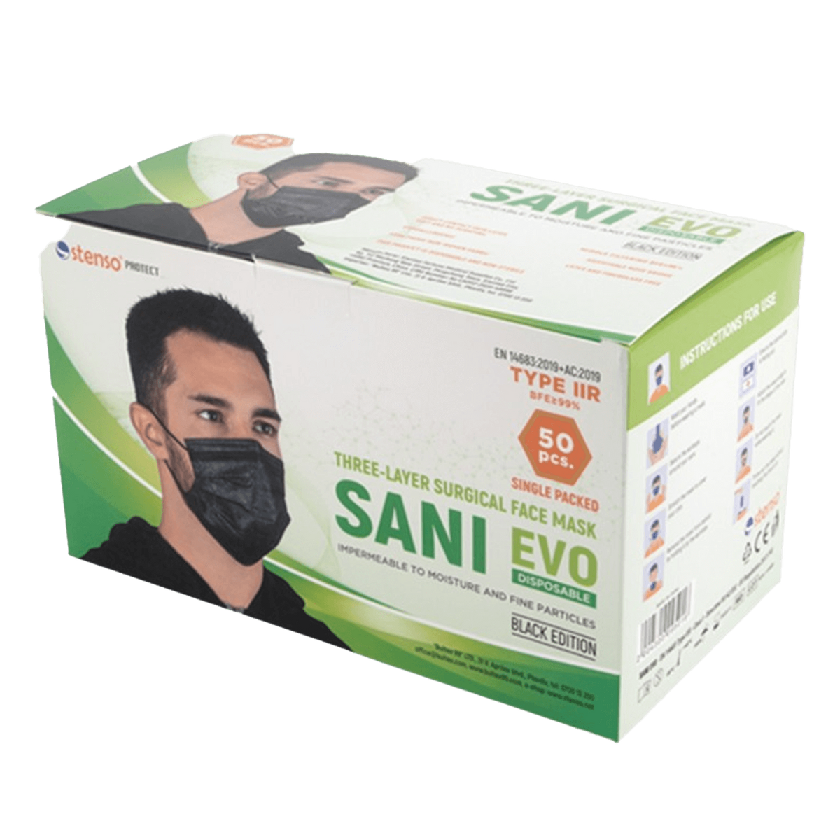 Mască medicală STENSO SANI EVO NEAGRĂ - TYPE IIR - 50 buc