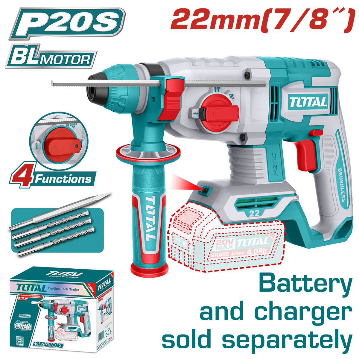 TOTAL - CIOCAN ROTOPERCUTOR - 2J - LI-ION - 20V - MOTOR FARA PERII (INDUSTRIAL)