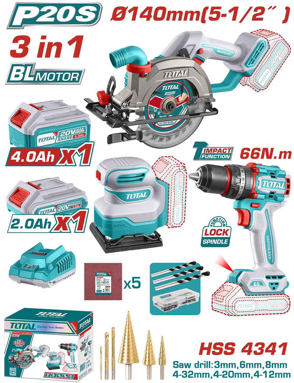 TOTAL - KIT COMBO 20V - FIERASTRAU CIRCULAR, MASINA DE GAURIT CU IMPACT, SLEFUITOR (INCLUDE 2 ACUMUL