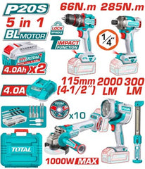 TOTAL - KIT COMBO 20V - MASINA DE GAURIT CU IMPACT, MASINA DE INSURUBAT CU IMPACT, POLIZOR UNGHIULAR