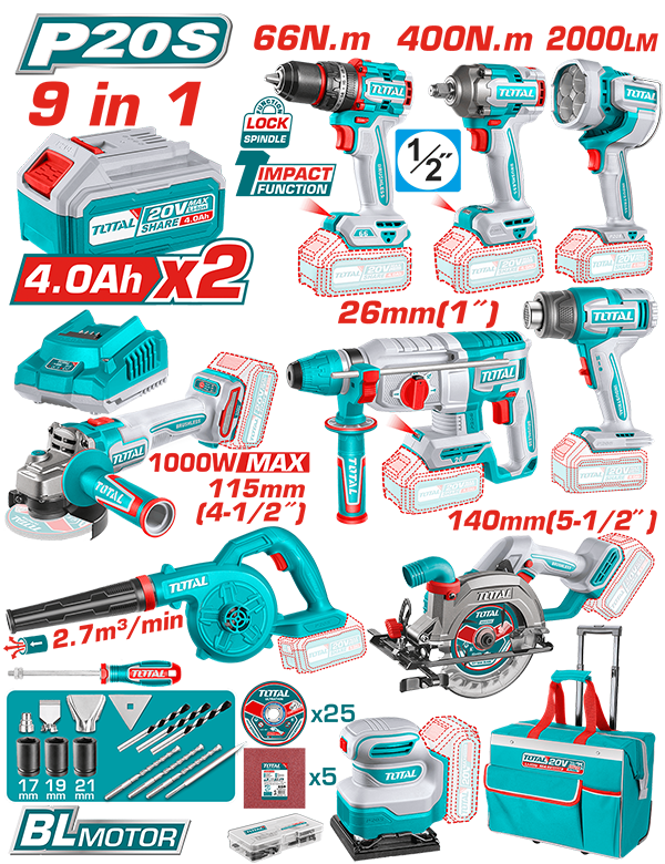 TOTAL - KIT COMBO 20V - 4.0Ah - BORMASINA, MASINA INSURUBAT, POLIZOR UNGHIULAR, ROTOPERCUTOR, FIERAS