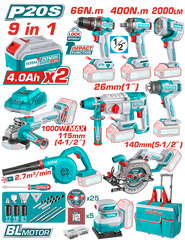 TOTAL - KIT COMBO 20V - 4.0Ah - BORMASINA, MASINA INSURUBAT, POLIZOR UNGHIULAR, ROTOPERCUTOR, FIERAS