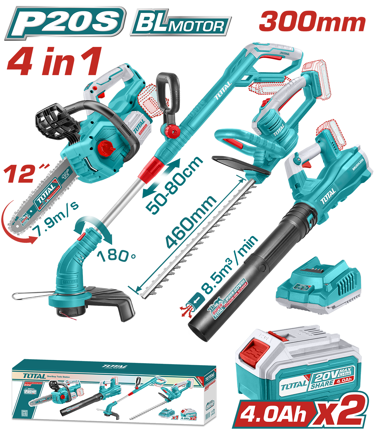TOTAL - KIT COMBO 20V - 4.0Ah - DRUJBA, TRIMMER PENTRU GARD VIU, SUFLANTA, TRIMMER DE TUNS IARBA (IN