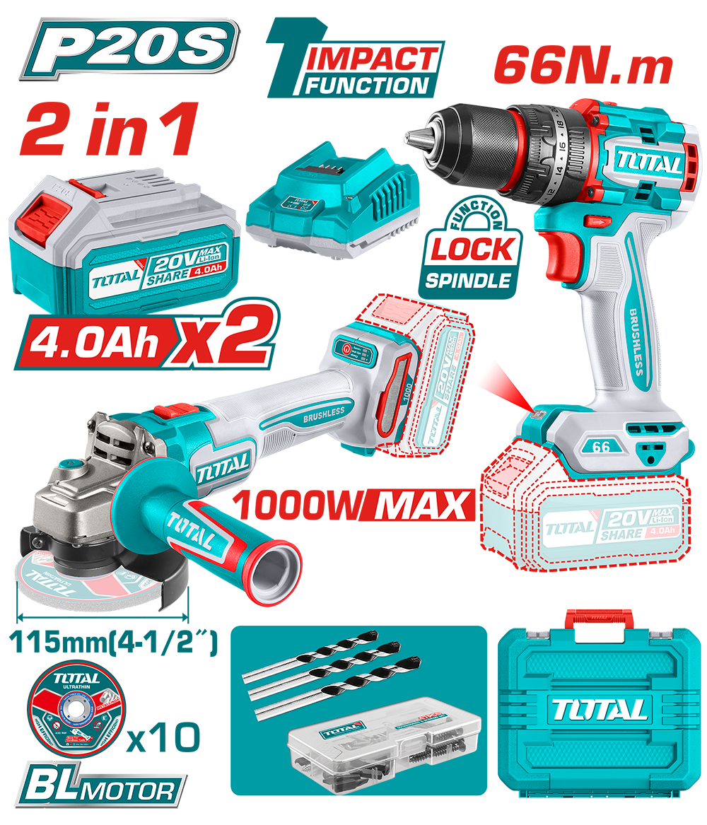 TOTAL - KIT COMBO - 20V - 4.0Ah- MASINA DE GAURIT CU IMPACT, POLIZOR UNGHIULAR (INCLUDE 2 ACUMULATOR