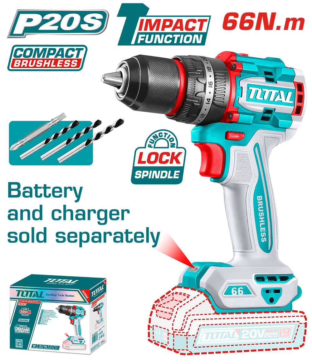 TOTAL - MASINA DE GAURIT CU PERCUTIE - 20V - 66N.m MOTOR FARA PERII (NU INCLUDE ACUMULATOR)