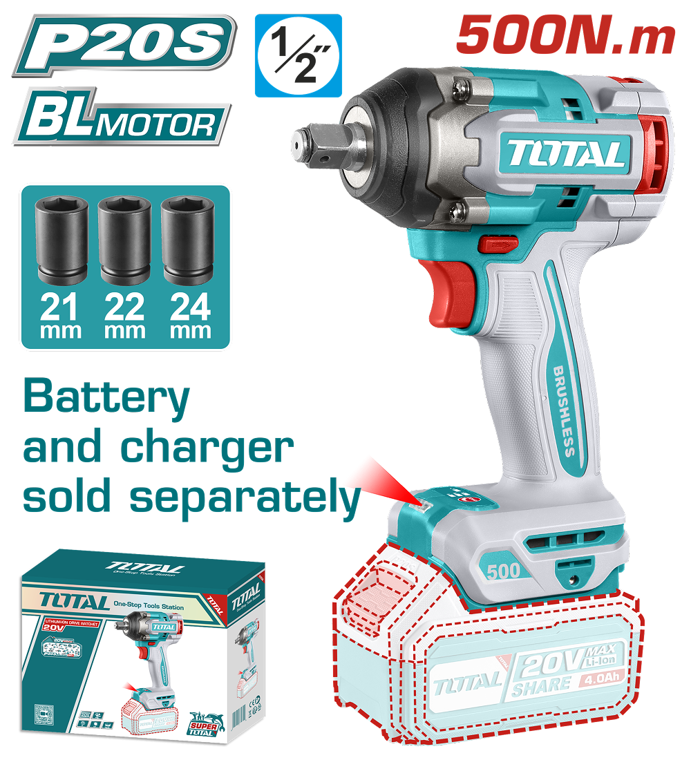 TOTAL - MASINA DE INSURUBAT CU IMPACT - 20V - MOTOR FARA PERII (NU INCLUDE ACUMULATOR) 1/2''