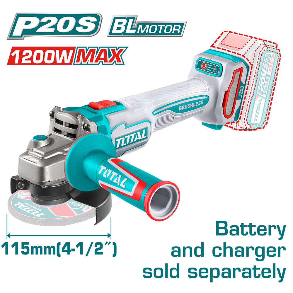 TOTAL - POLIZOR UNGHIULAR - 115MM - 20V - MOTOR FARA PERII (NU INCLUDE ACUMULATOR)