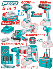 TOTAL - SET 5 UNELTE - 20V - CU 2 ACUMULATORI 4.0Ah SI INCARCATOR (INDUSTRIAL)