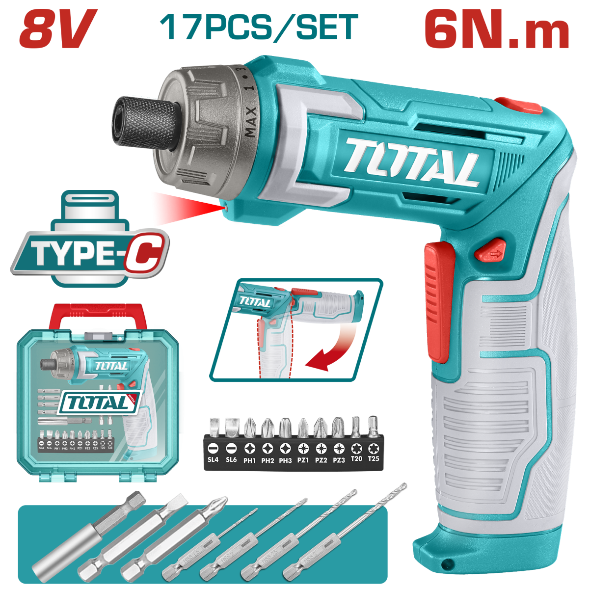 TOTAL - SURUBELNITA 8V LI-ION +ACCESORII, INCARCARE USB